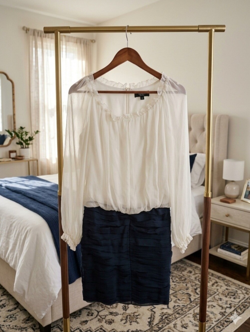 Tadashi Colection Long-Sleeve Blouse with Navy Textured Pencil Skirt